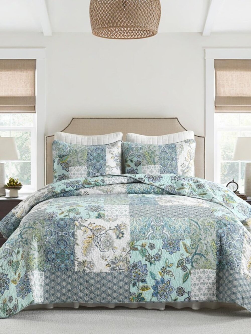 3-Piece Quilt Set King Size Patchwork Paisley Turquoise Floral